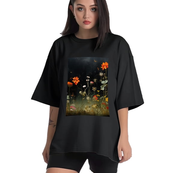 Plus Size Shirt for Women Black Tops for Women Short Sleeves Shirt for Women Flower Garden3 T Shirt Crewneck Shirt for Women XL