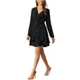 thumbnail image 4 of INSPIRE CHIC Women's Deep V Neck Wrap Long Sleeve Belted Mini Skating Flowy Dress, 4 of 6