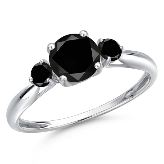 Gem Stone King 10K White Gold Black Diamond 3-Stone Ring for Women | 1.25 Cttw | Round 6MM | Gemstone April Birthstone | Size 7