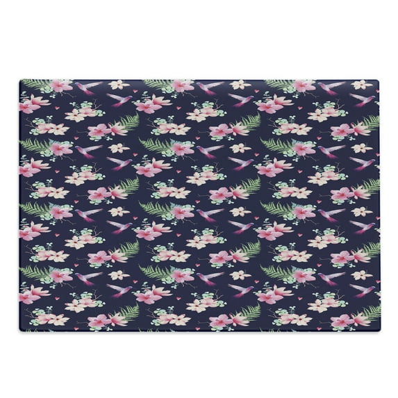 Navy and Blush Cutting Board, Tropical Flower Bouquets and Flying Hummingbirds Tiny Little Hearts, Decorative Tempered Glass Cutting and Serving Board, Large Size, Indigo Green Pink, by Ambesonne