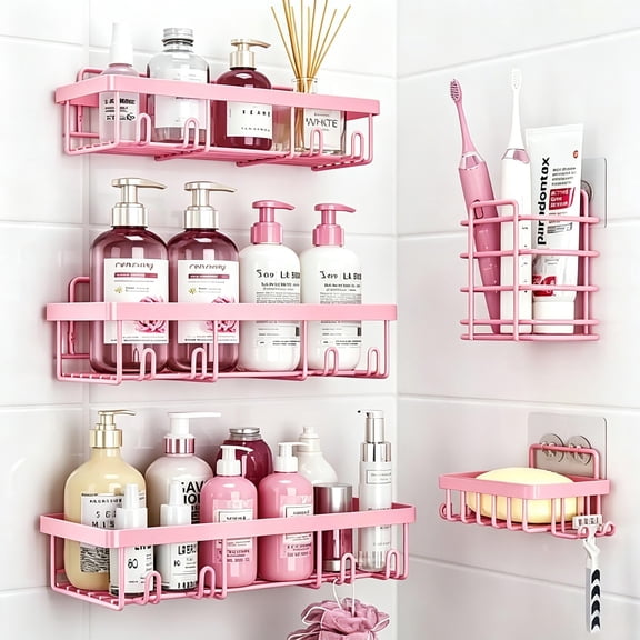 HomelyPosh 5 Pack Pink Shower Caddy, Adhesive Stainless Steel Shower Shelf, Rustproof Bathroom Organizer for Shampoo & Conditioner