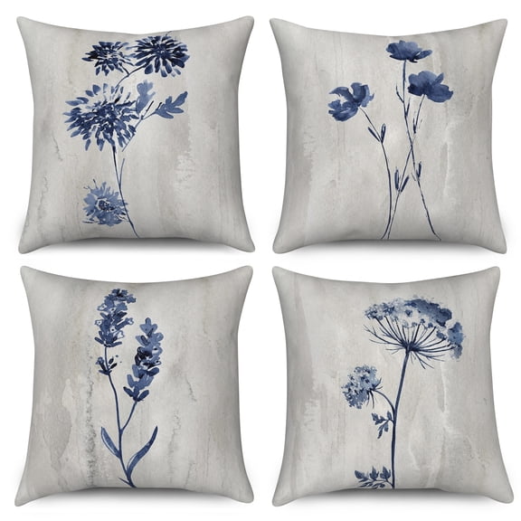 Pbobriich Gray Throw Pillow Covers Set of 4 Grey and Blue Modern Floral Couch Sofa Decorative Pillow Cases Cushion Home Decor Square 18"x18" Inches