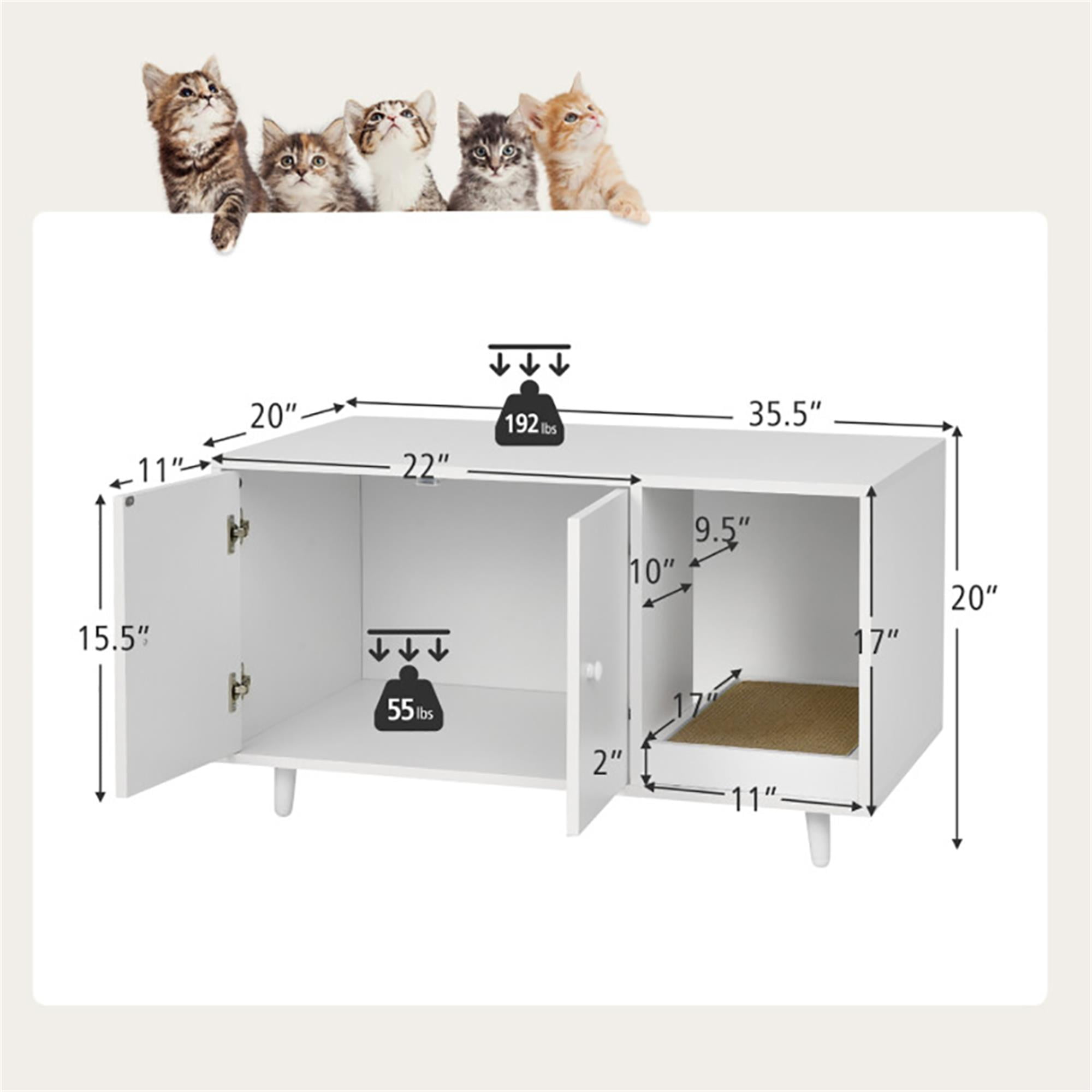 Kadyn 35" Hidden Cat Litter Box Enclosure with Divider and Double Doors, Cat House Washroom Furniture, White