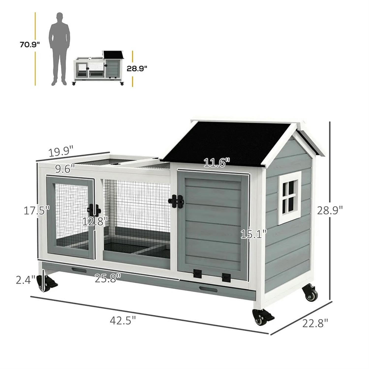 Kadyn 42.5" Wooden Rabbit Hutch with Wheels and Slide-out Tray, Outdoor Small Animal Habitat Enclosure Bunny Cage for Bunnies, Guinea Pigs, Gray