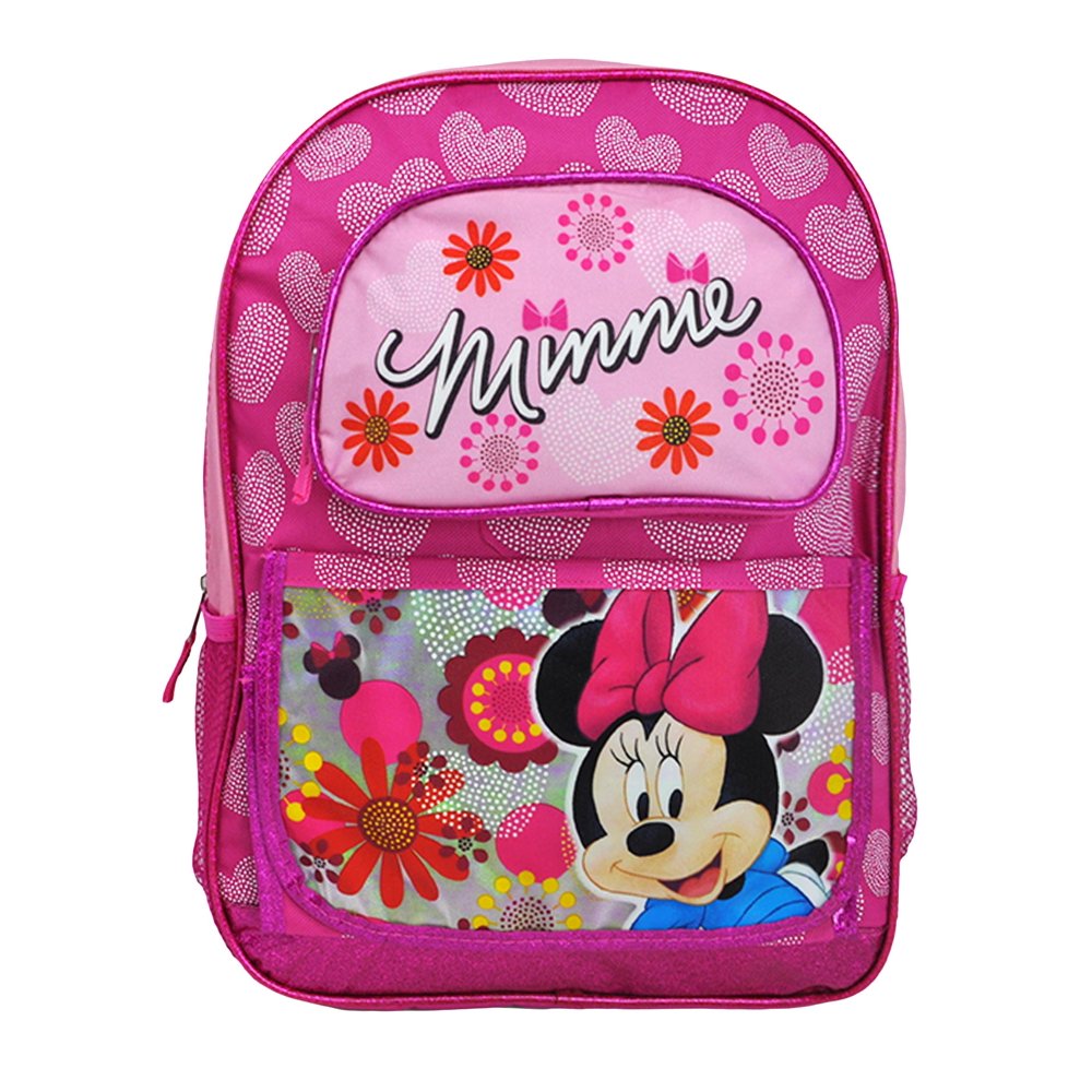 Disney Girls Minnie Mouse Backpack 16" Flowers Pink Front Pocket
