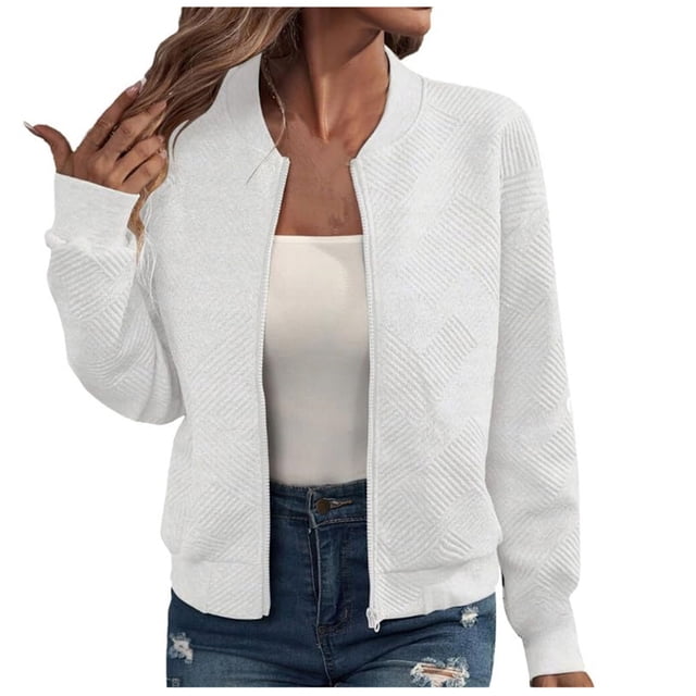 Mgmyaa Veste Bomber pour Femmes Texture Tricot Grossier Fermeture Éclair devant Manches Longues Décontractée Ample