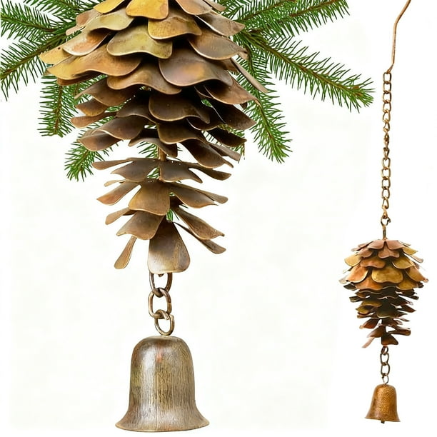 Campanillas de viento de piña de Navidad | Decoración de metal de bronce para colgar al aire libre en interiores | Adorno festivo de pared para la chimenea de puerta de casa de hierro de 11 pulgadas