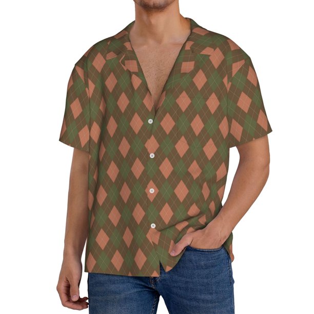 Balery Green and Pink Squares Camisa Casual de Manga Corta con Botones para Hombre, Texturizada, Estilo Cubano, para Playa, Verano-Large