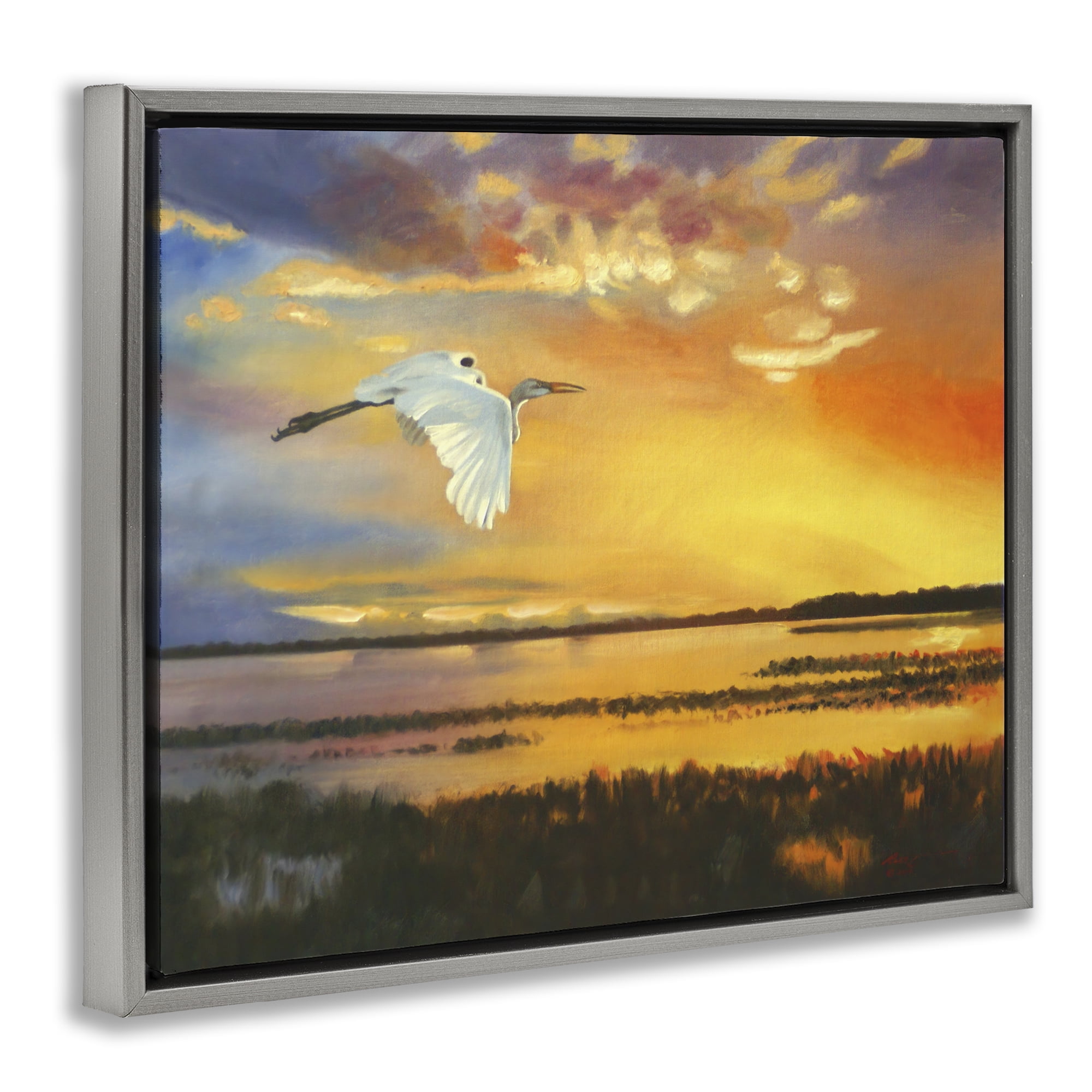 Stupell Industries Bird over Sunlit Pond Landscape Painting Gray Floater Framed Canvas Art Print Wall Art, 21 x 17