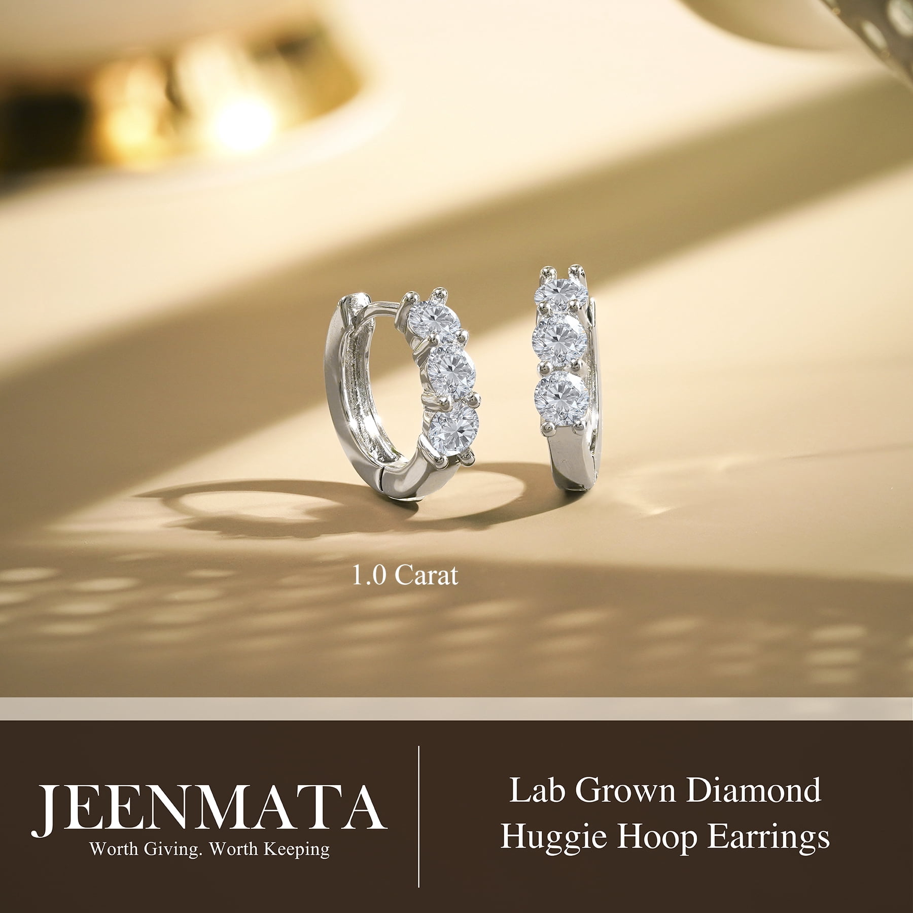 JeenMata 1 Carat Lab Grown Diamond Huggie Hoop Earring - Round Cut Three Stones Huggie Earrings in 18K White Gold Plating for Women, Gift for Her