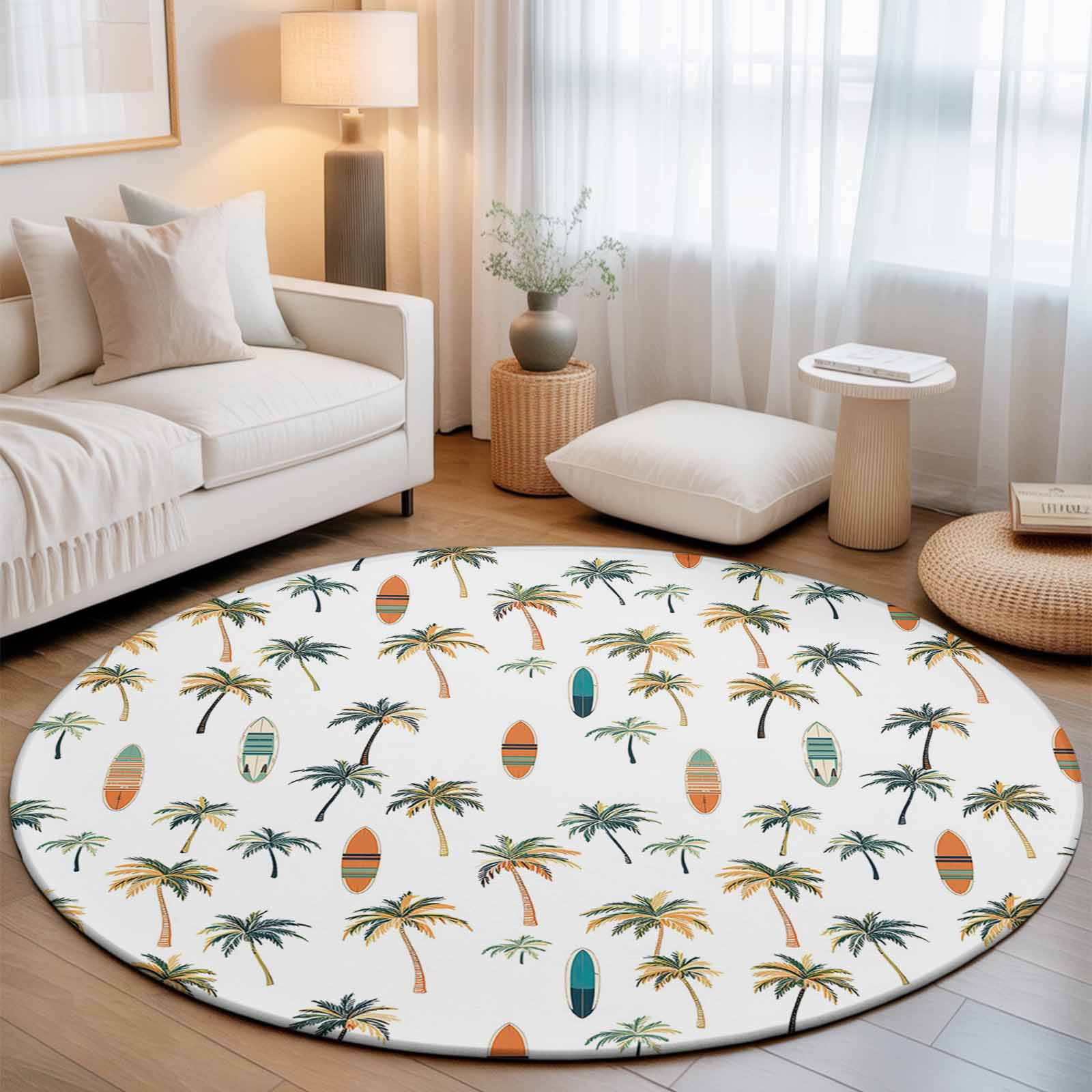 Round Area Rug - 3ft Summer Tropical Palm Tree Seamless Non Slip Washable Circle Carpet Soft Large Floor Rugs for Living Room Bedroom Nursery Office