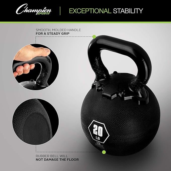 Champion Sports Rhino Kettlebell Weight, 15 lbs, Rubber, Black - Durable Kettle Bell with Smooth, Ergonomic Handle for Working Out - Free Weights for Exercises - Premium Strength Training Equipment