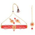 thumbnail image 5 of Efulgenz Indian Jewelry for Women Red Faux Pearl Beaded Choker Necklace Earrings Maang Tikka Wedding Party Crystal Rhinestone Multi Layered Necklace Maangtikka and Dangle Drop Earrings Jewelry Set, 5 of 6