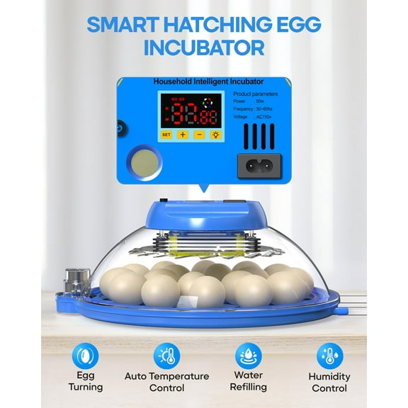 18 Eggs Incubator with Auto Refill & LED Candler – Multi-Function  Turner for Chicken, Duck & Other Birds
