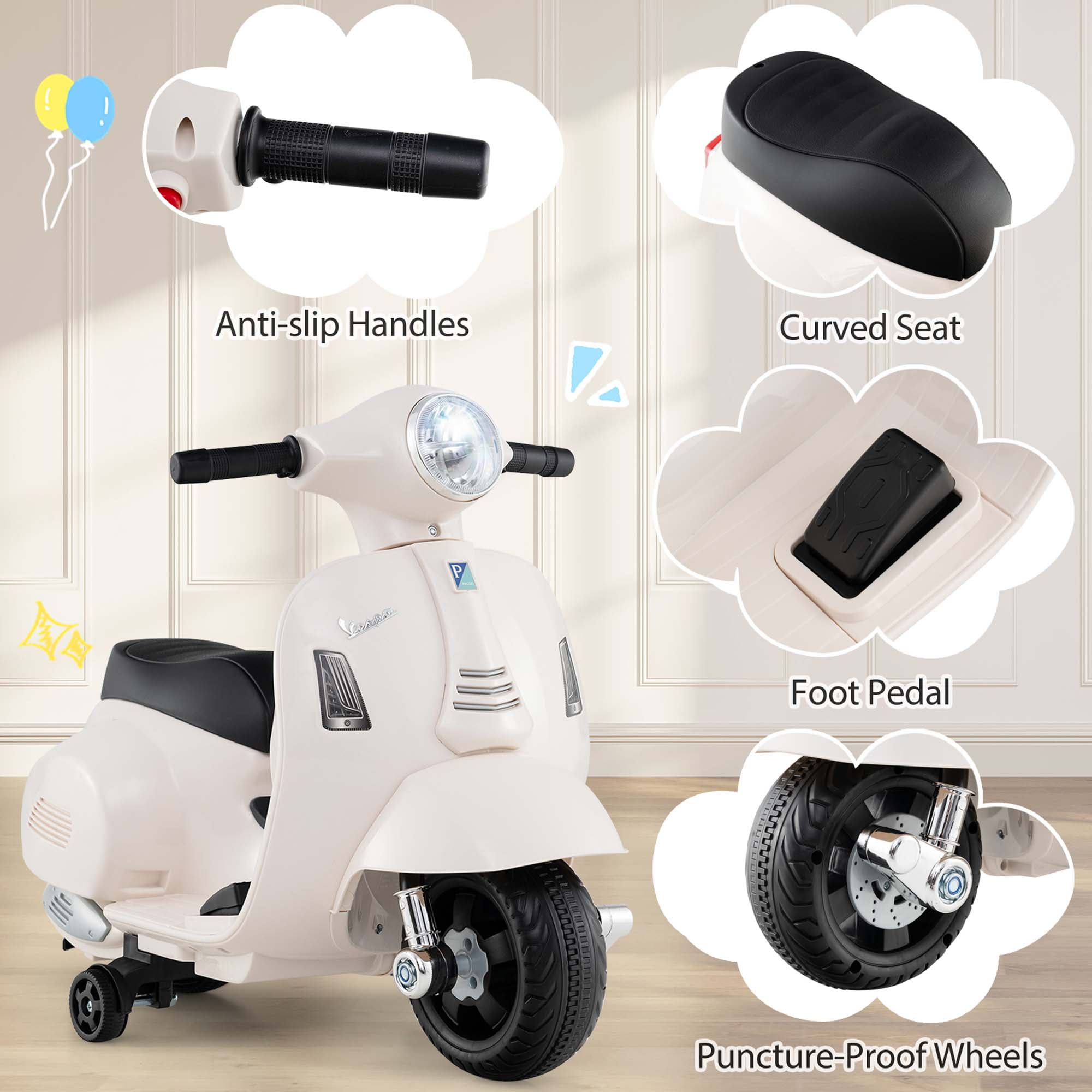 Costway Kids Ride on Motorcycle with Training Wheels Headlight Horn 6V Battery White