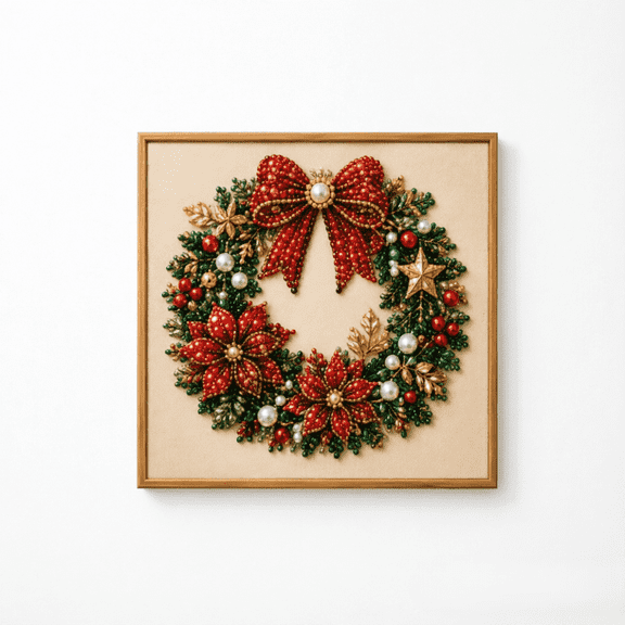 DIY Christmas Pearl Diamond Painting Art Kit, Square Framed Wreath Design Full Drill Crystal Rhinestone Embroidery Holiday Craft Kit Christmas Wall Decoration Home Decor Festive