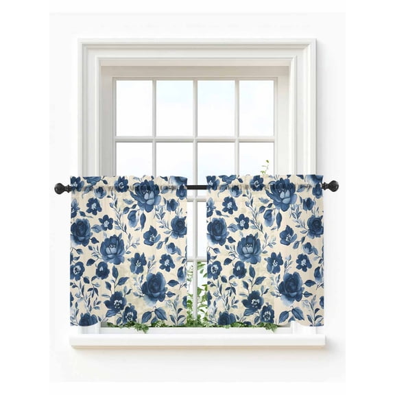Navy Blue Floral Tier Curtains 36 Inch Length,Sheer Curtains for Bedroom Living Room Window,Spring Retro Botanical Flowers Rod Pocket Voile Drapes Kitchen Curtains for Small Window 27.5"x36" 2 Panels