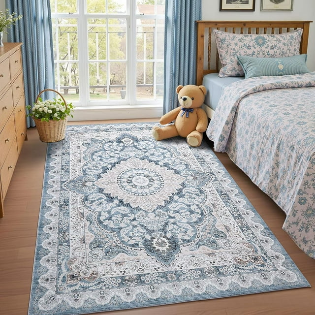 Macgace 3x5 Washable Rugs for Living Room, Faux Wool Vintage Rug for Bedroom Dining Room, Low Pile Soft Boho Floor Covering Carpet Retro Distressed Medallion Mat Traditional Interiors, Blue & Beige
