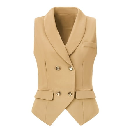 Allegra K Women's Suit Vest Double Breasted Lapel Dressy Waistcoat Vest L Khaki