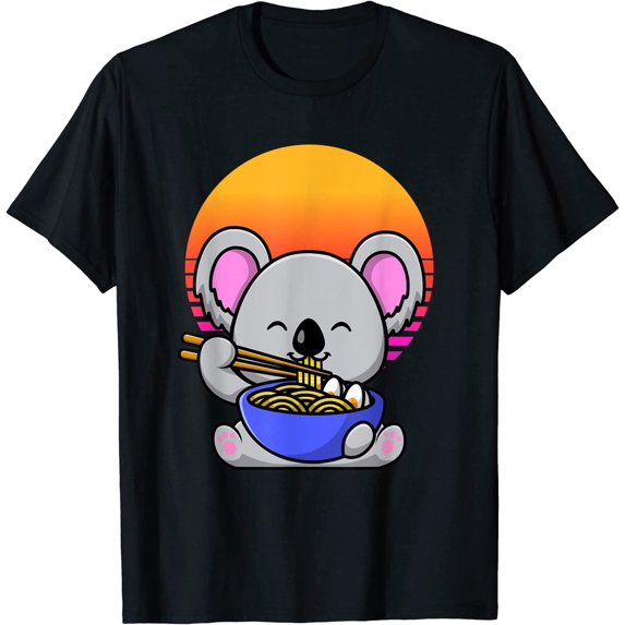 Cute Koala Mascot Eating Japanese Ramen Noodle Retro Sunset T-Shirt