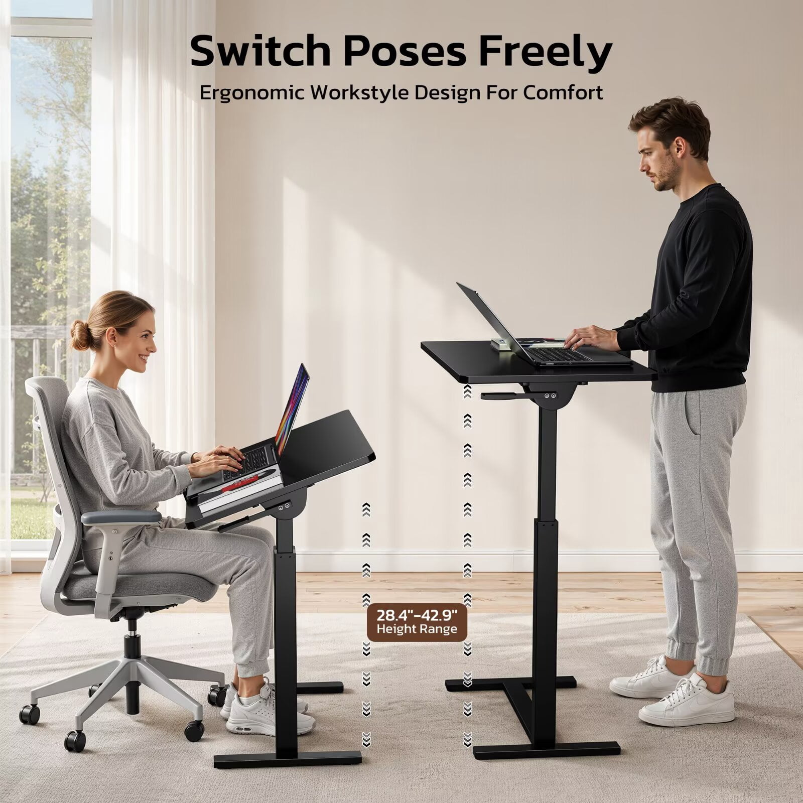 Simple Deluxe Mobile Standing Desk Adjustable Overbed Table, Pneumatic Height Adjustable Rolling Laptop Desk with Hidden Wheels, 0-180°Tilt Top Rolling Computer for Home Office, Black