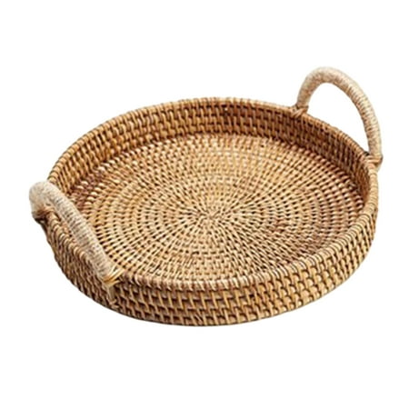 

Woven Wicker Serving Basket Fruit with Handles Breakfast Platter Serving Tray Rattan Round Tray for Snack Drinks dinner Cake Home Decoration Round Handle L