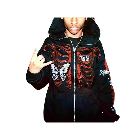 Rhinestone Graphic Hoodie with Head Cover,Oversized Aesthetic Skeleton Skull Jacket Streetwear Full Zipup Hoodie Y2k Harajuku