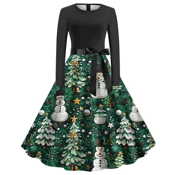 WXLWZYWL Formal Dresses for Women 2024 Christmas The Santa Claus Print Flare Dress Long Sleeve Hollow Party Tea Dresses