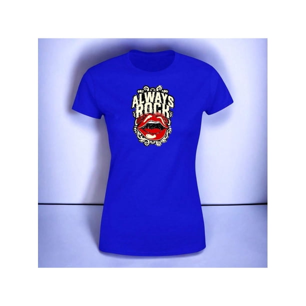 Playera Blusa Con Estampado De Always Rock Con Labios Sexys Ropa Para Mujer Color Azul Talla Chica Marca Emil SaEs