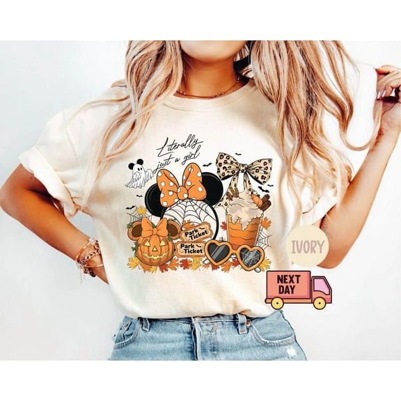 Disney Literally Just A Girl Halloween Shirt, Minnie Bow Coffee Tee, Disney Halloween Pumpkin Fall Tee, Disney Girl's Trip