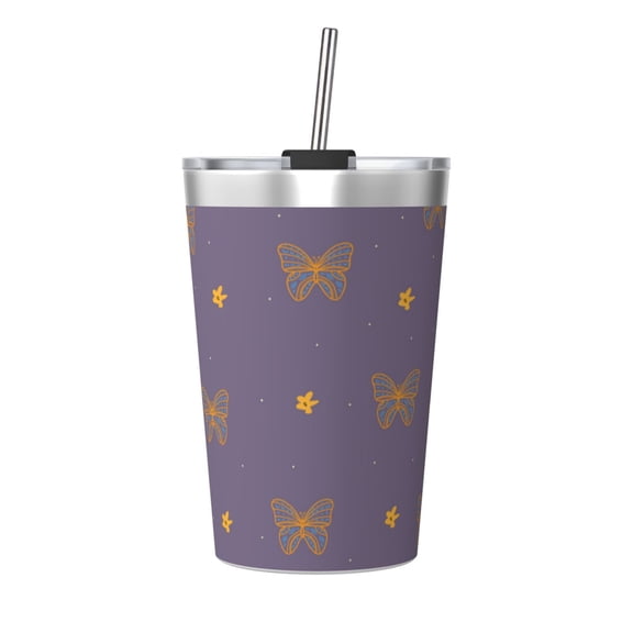 PAYOHTO Purple Background Butterfly Insulated Stainless Steel Tumbler 12 oz Thermos Come with Straw Kids Leak-Proof Travel Mug Cup