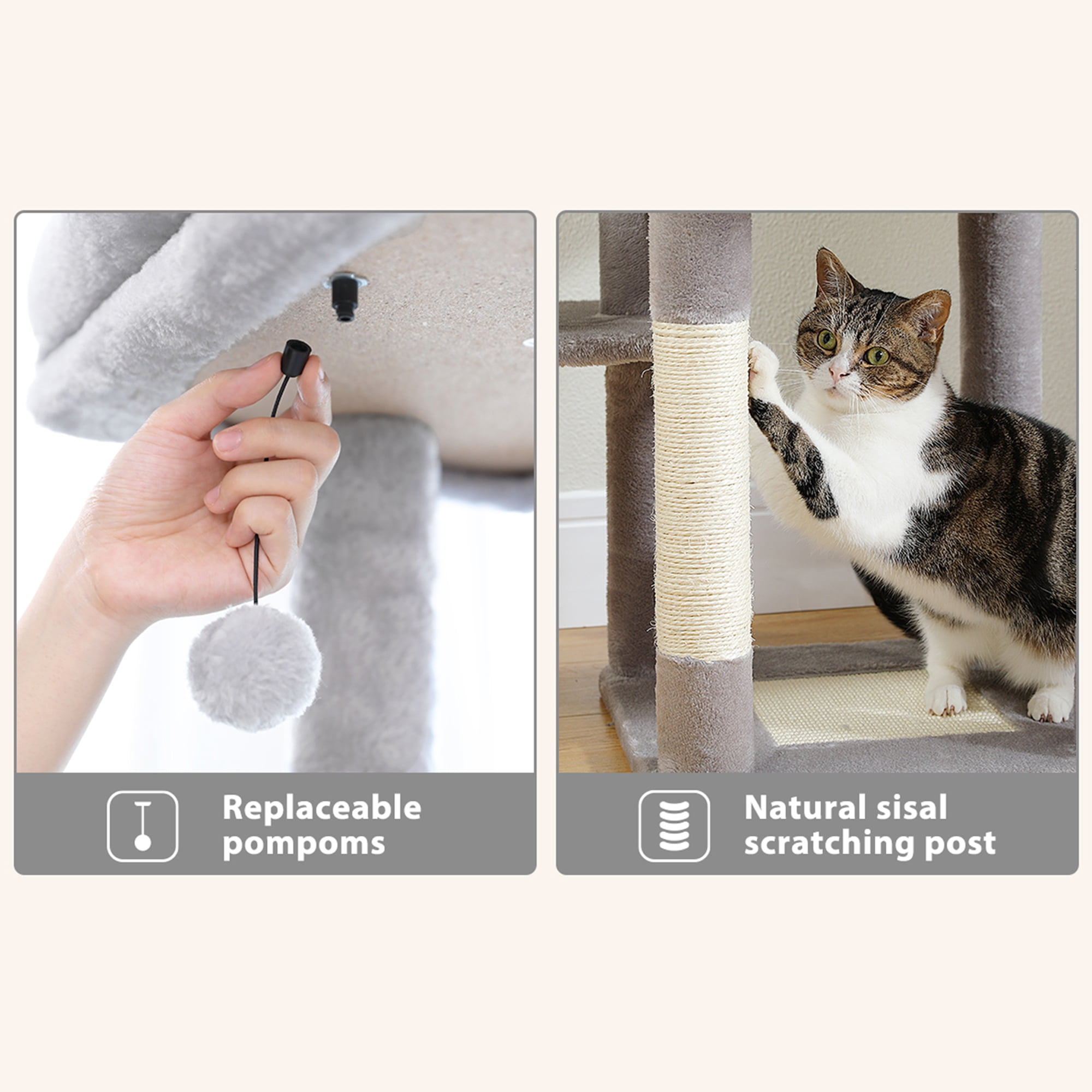 Pefilos 59" Multi-Level Cat Tree House with Large Hammock, Scratching Post, 2 Perches, Cat Tower with 3 Removable Pompom Sticks, Cat Condo, Gray Pefilos 59" Multi-Level Cat Tree House with Large Hammock, Scratching Post, 2 Perches, Cat Tower with 3 Removable Pompom Sticks, Cat Condo, Gray