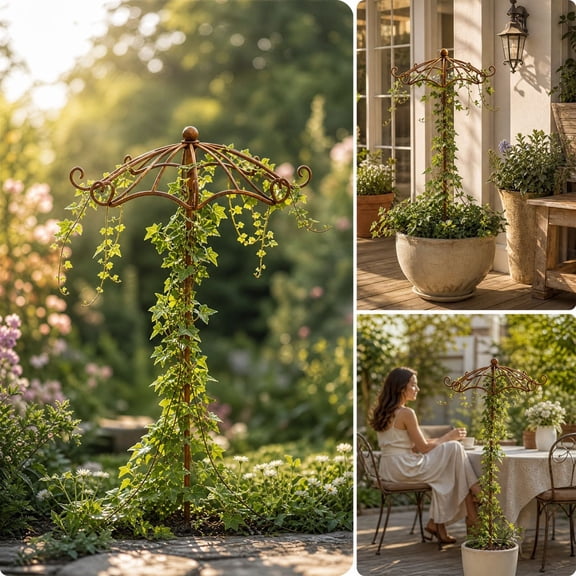 Wrought Iron Umbrella Trellis Plant Support Frame for Climbing Plants, Outdoor Garden Ground Insert, Rustproof Metal Vine Support for Roses, Clematis, Morning Glories, Yard Decor