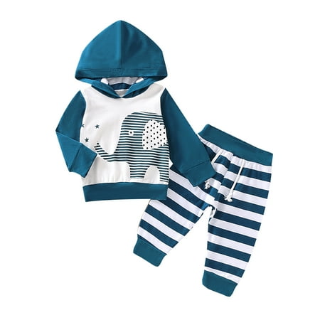 

Newborn Baby Boy Fall Clothes Striped Elephant Printed Long Sleeve Hoodies Lace-up Pants Outfits