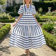 thumbnail image 2 of Morttic Women's Short Sleeve V-Neck Patchwork Stripes Midi Dress Vibrant Casual Cute Spring Summer Vacation Wear Blue，XL, 2 of 6