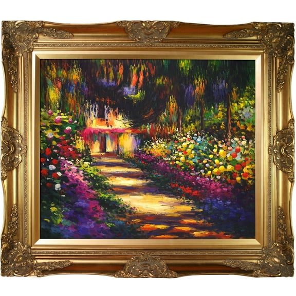 La Pastiche  Claude Monet 'Pathway in Monet's Garden at Giverny' Hand Painted Framed Canvas Art