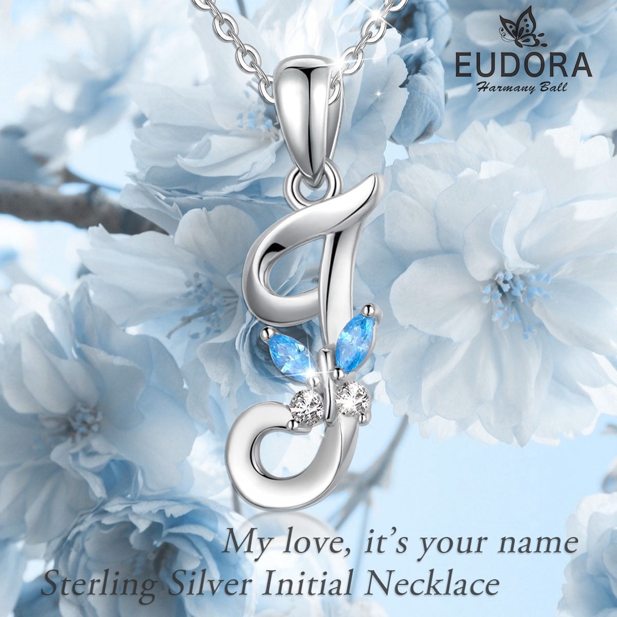 EUDORA Sterling Silver J Initial Necklaces with Blue Butterfly, Script Letter Alphabet Pendant Jewelry Gift for Women, Mother, 18 inch Chain