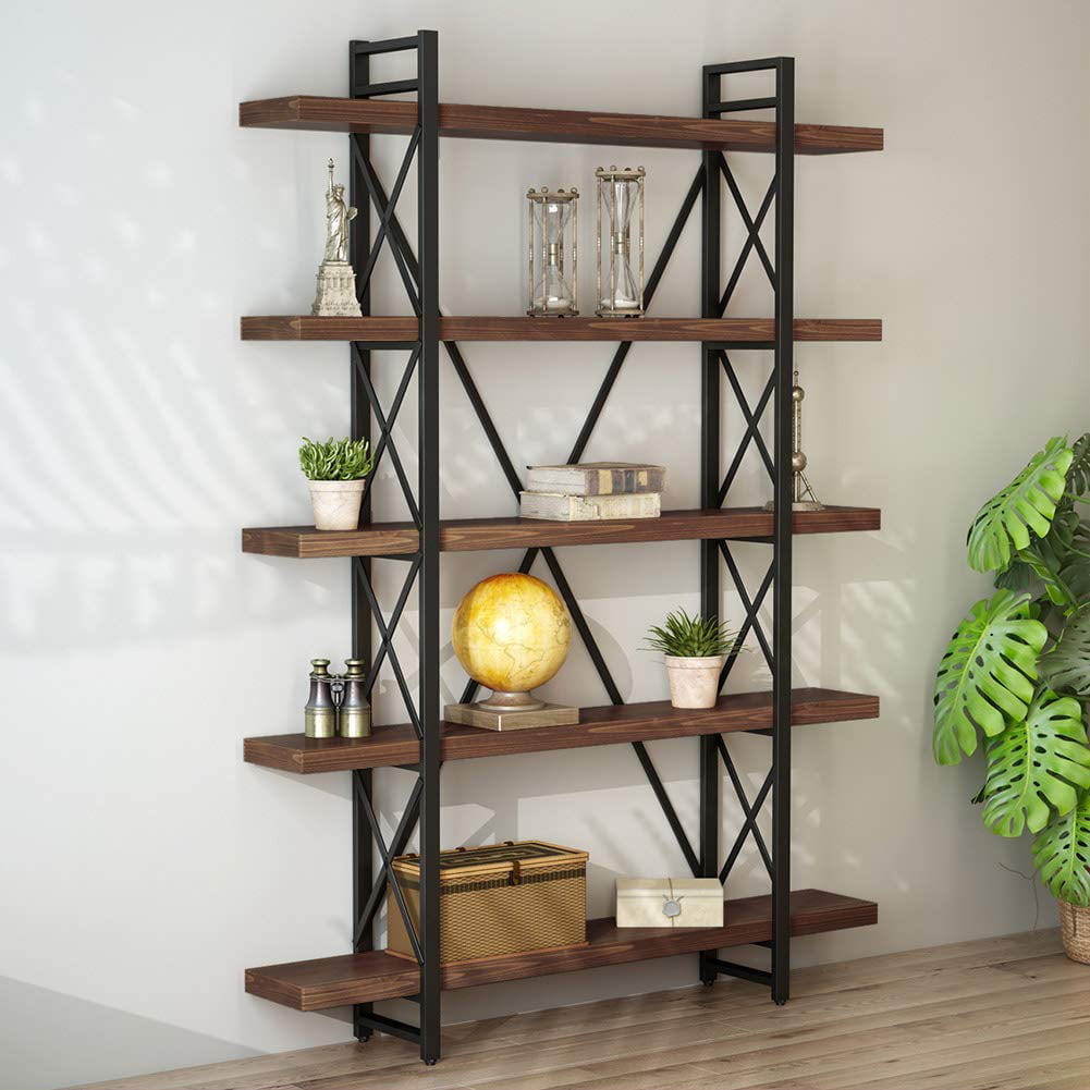 5 Shelf Bookcase Bookshelf Tall Wide Display Farmhouse Brown Solid Wood 
