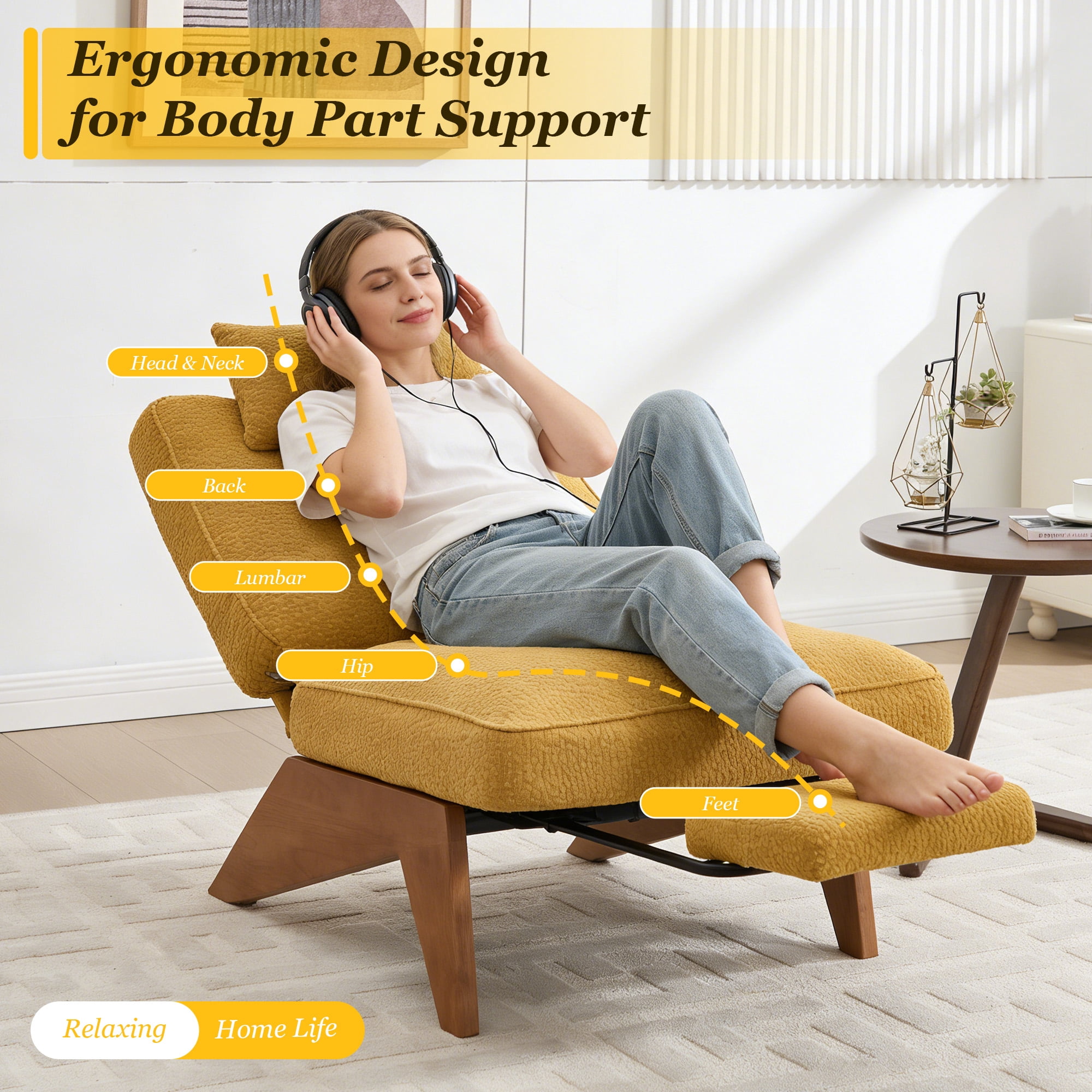 MOONMISS Modern Adjustable Lounge Chair with Footrest,Wooden Base Upholstered Recliner for Reading Rest Circle Fleece