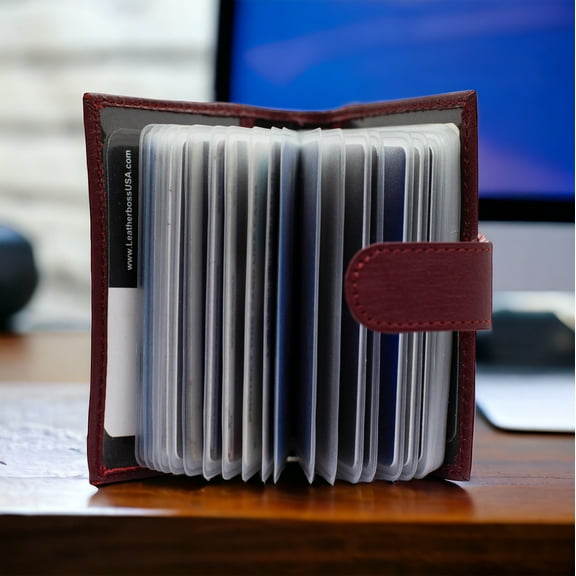 CREDIT CARD PICTURE HOLDER 40 PAGES WITH SNAP NEW WINE GENUINE LEATHER