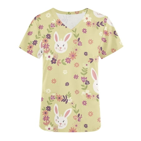 

Women s Happy Easter Day Scrub_Tops Cute Bunny Rabbit Graphic Pattern Tees Woman Short Sleeve Western Shirts Vintage V Neck Nurse Uniforms with Pockets T Shirt Lady Work Blouses Summer Tunic Yellow L