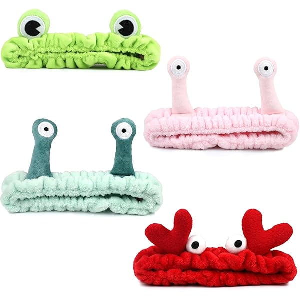 wonima11 4 Pack Face Wash Headband Facial Makeup Skincare Headbands, Elastic Coral Fleece Spa Hairband for Washing Face, Cartoon Fun Frog Snail Crab Hair Accessories