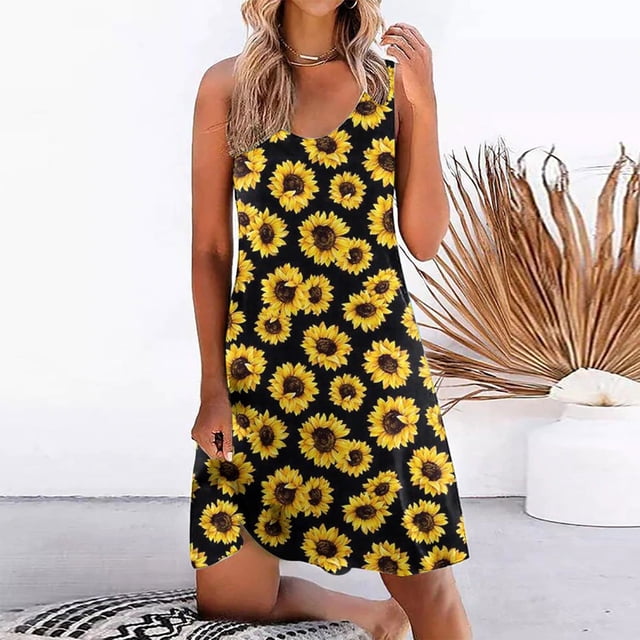 HKEJIAOI Robe Florale pour Femmes Liquidation Robes Décontractées Robe Mini Sans Manches Robe Fine Mode Imprimé Floral Été Nouvelles Arrivées Robe Imprimée Jaune