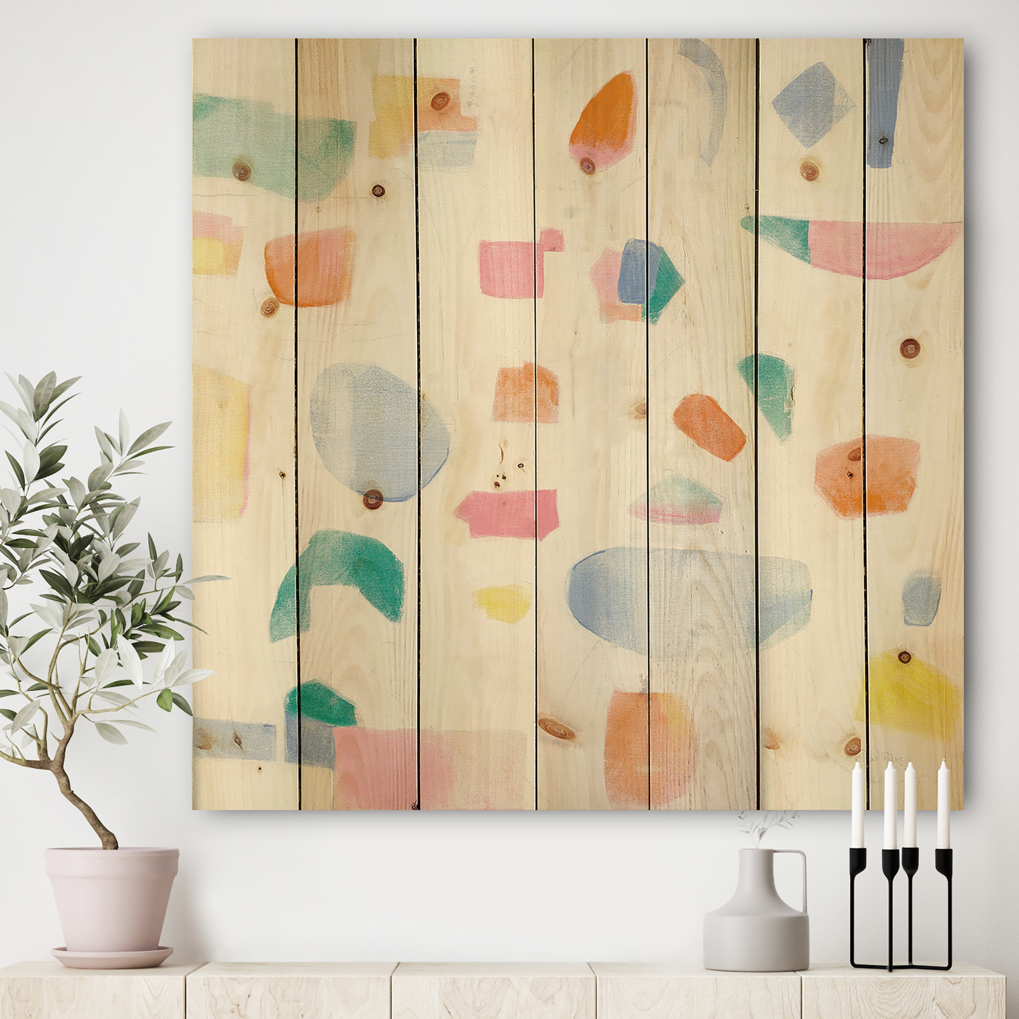 Designart 'Joy Geometric Simple' Mid-Century Modern Print on Natural Pine Wood