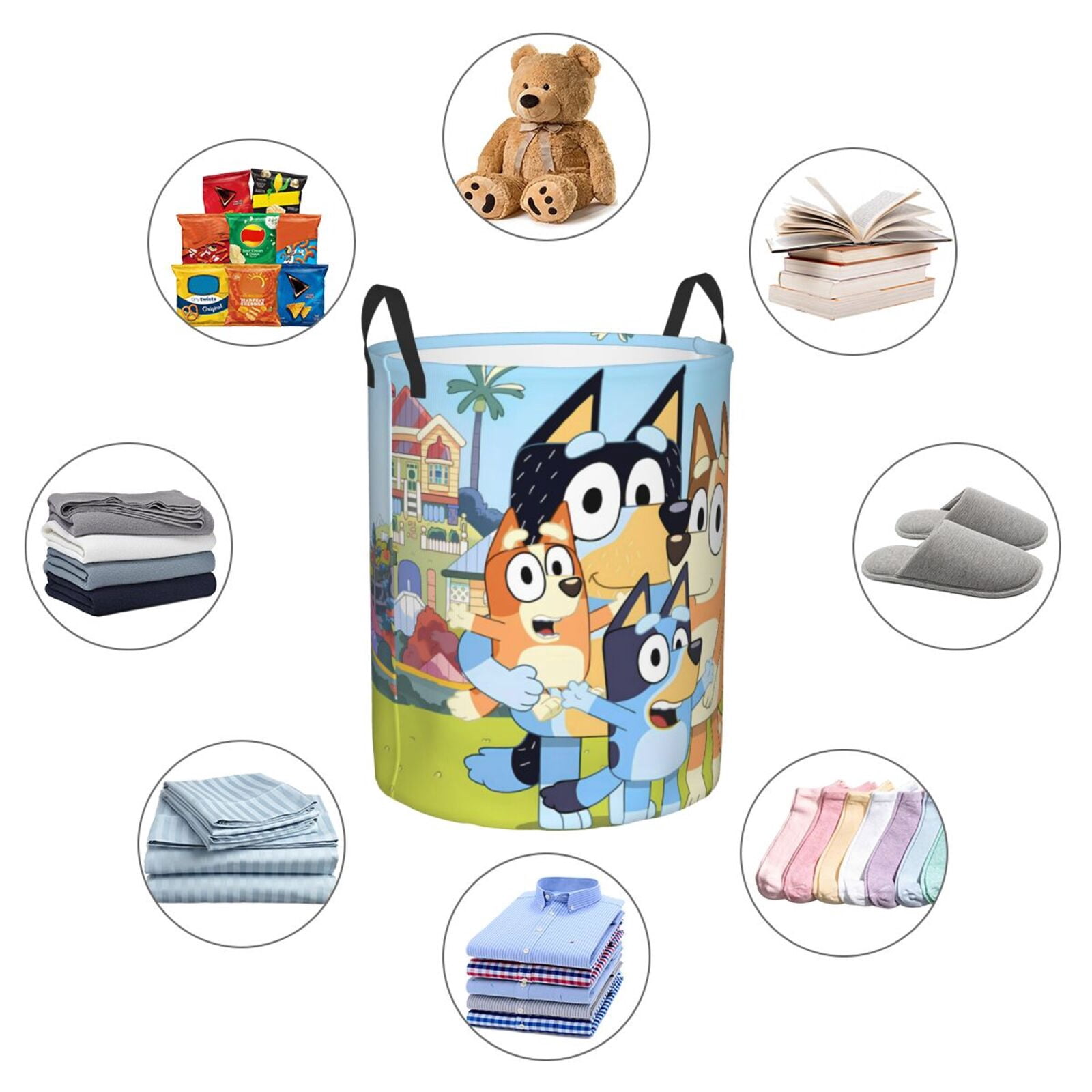 Silaia Bluey Print Round Laundry Clothes Hamper,Laundry Basket with Handles,Baby Toys Storage Organizer,Bins Laundry Basket for Bathroom, Bedroom Decorate-Medium