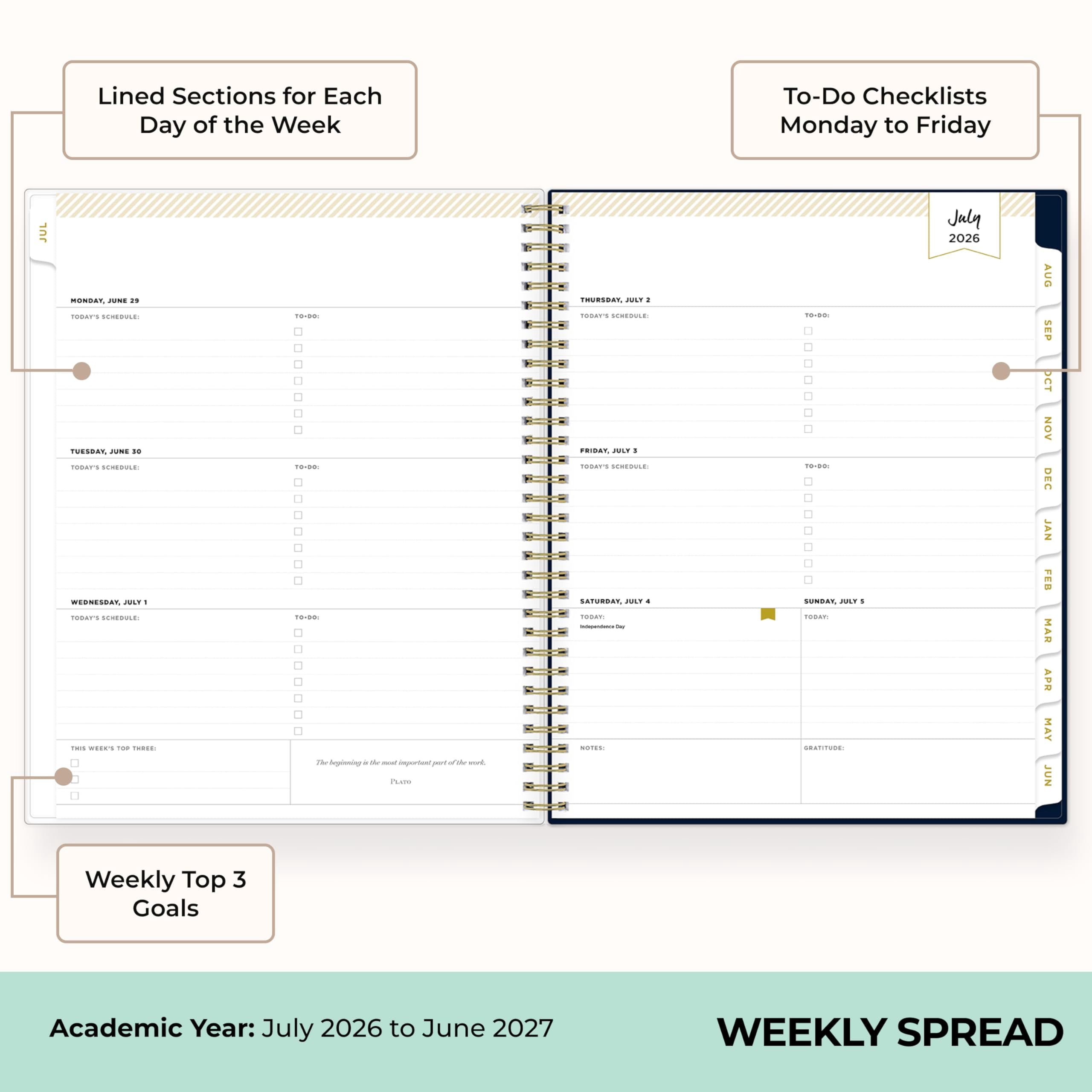 Blue Sky Day Designer 2026-2027 Weekly and Monthly Academic Year Planner Calendar, July 2026 - June 2027, 8.5" x 11", Clear Pocket Cover, Laminated Tabs, Storage Pocket, Stickers, Peyton Navy
