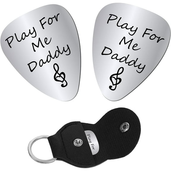 1set 2pcs Play for Me Daddy Guitar Picks Stainless Steel Bass Acoustic Electric Rock Picks for Daddy Papa Musician Guitar Player Gifts with PU Leather Keychain 1.26 x 1 Inch