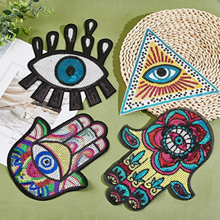 4 Pcs Evil Eye Large Sequin Patches 4 Styles Self Adhesive Stick