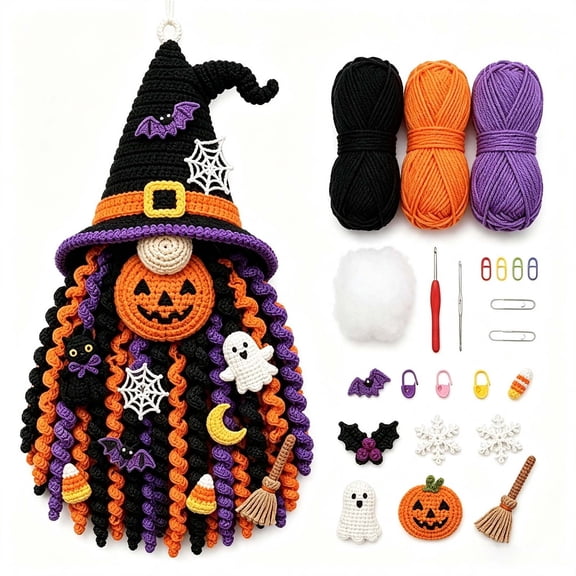 Halloween Crochet Kit for DIY Front Door Wall Decor, Witch Gnome Craft Set with Pumpkin and Bat Charms, Spooky Holiday Yarn Hanging Decoration 14 Inch
