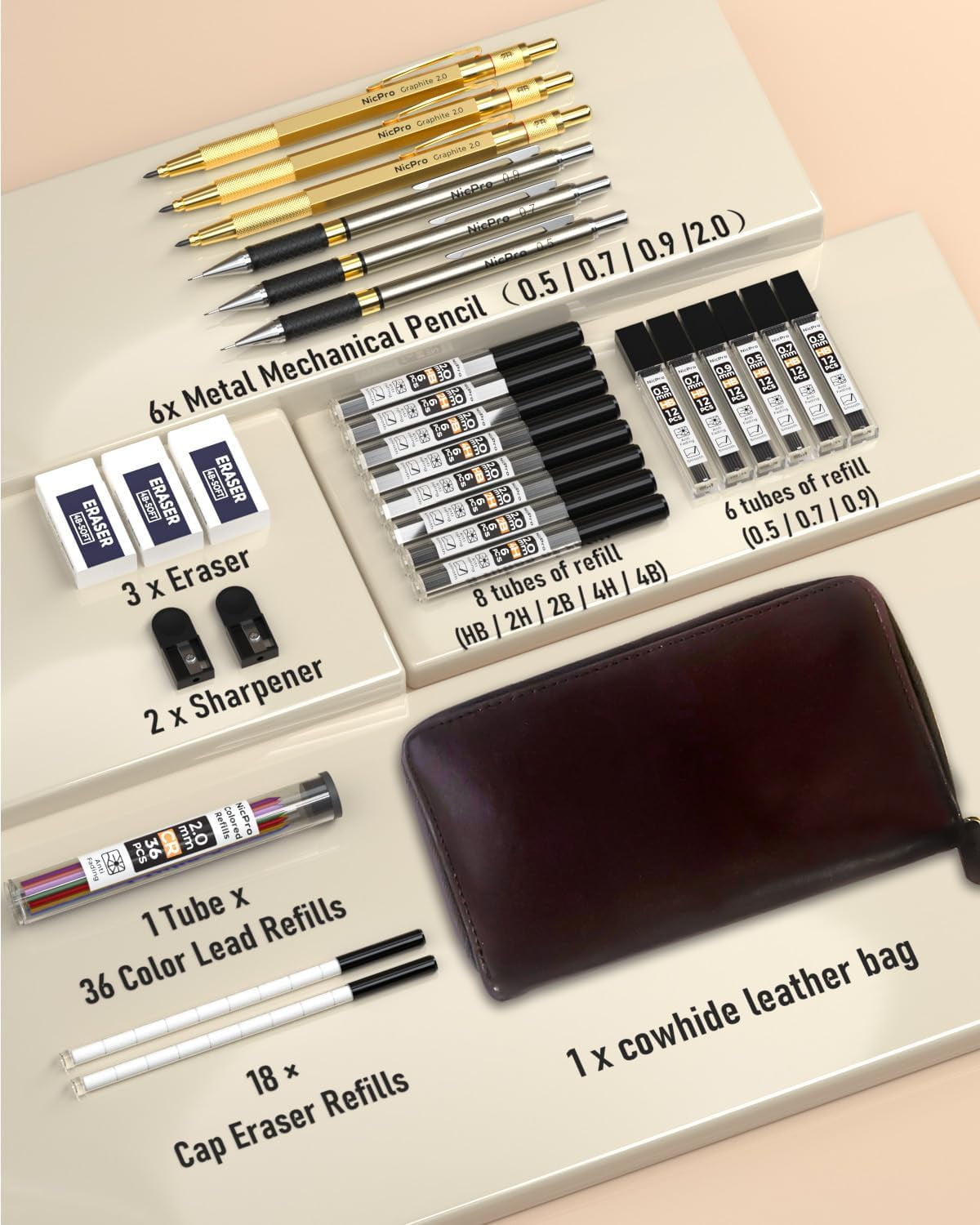 Nicpro 29PCS Art Mechanical Pencils Set in Leather Case, Gold Metal Drafting Pencil 0.5, 0.7, 0.9 mm, 2mm Lead Pencil Holders for Sketching Drawing With 15 Tube (4B 2B HB 2H 4H & Colored)Lead Refills